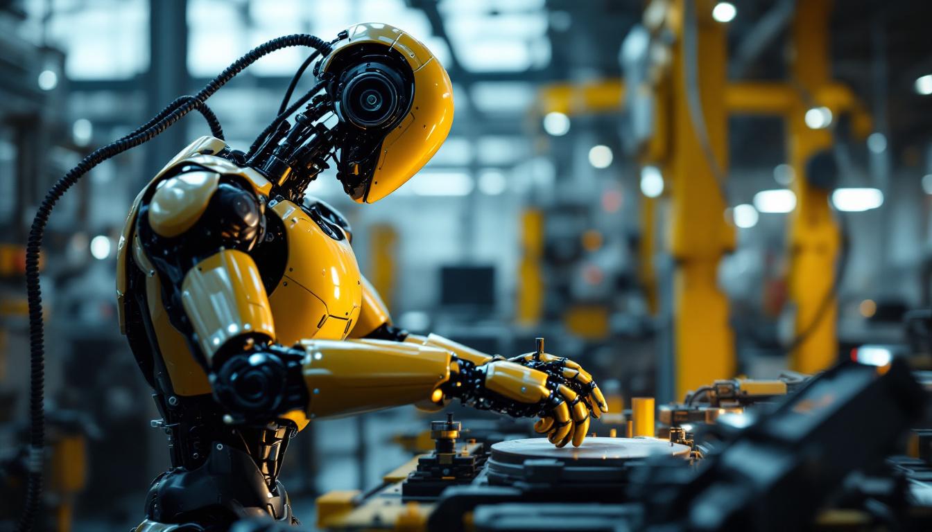 A photograph of a sleek industrial robot in action within a modern manufacturing facility