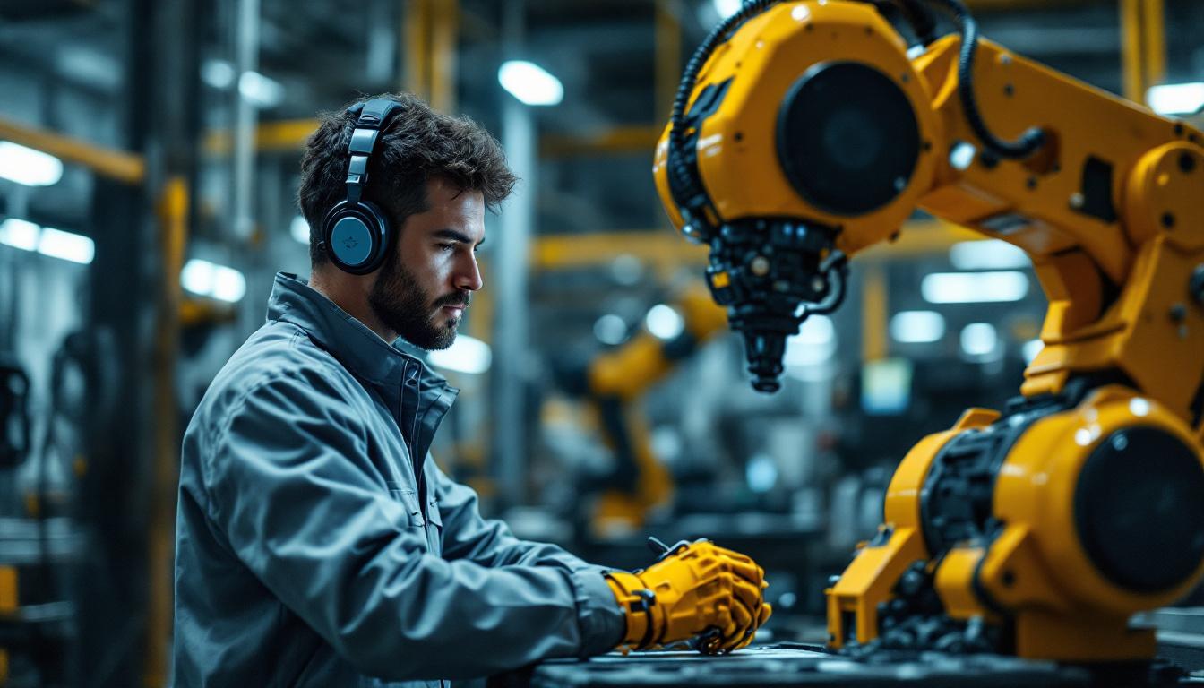 A photograph of a skilled technician programming or operating an industrial robot in a modern boston manufacturing facility