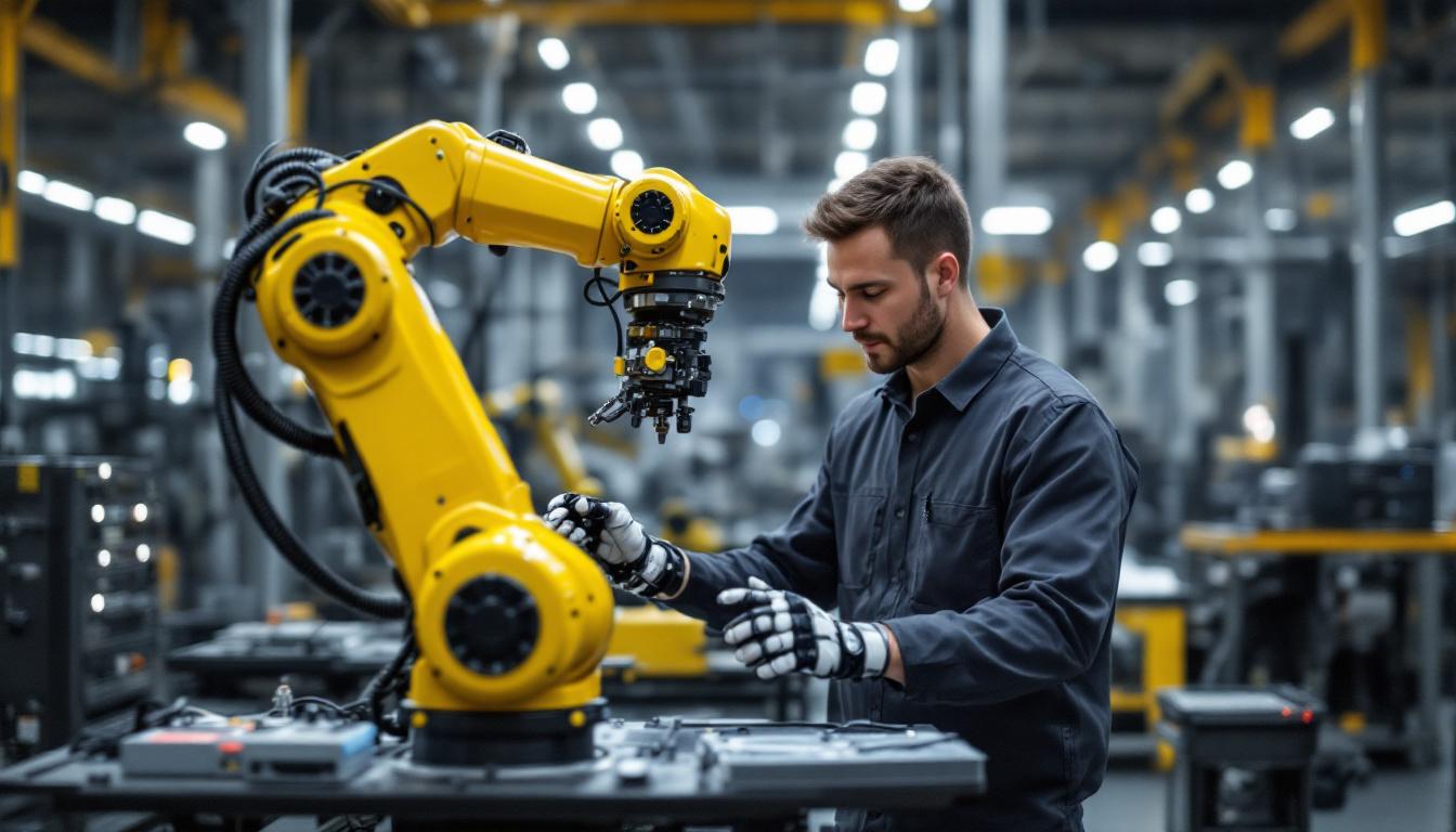 A photograph of a test engineer working with an industrial robot in a modern manufacturing setting