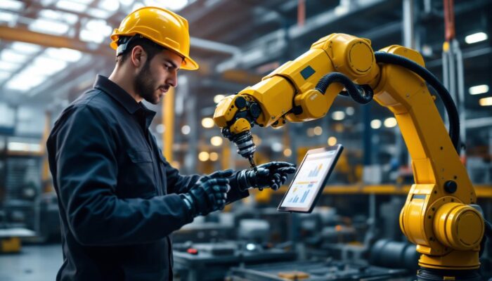 A photograph of a dynamic industrial setting featuring a skilled technician programming or interacting with a robotic arm