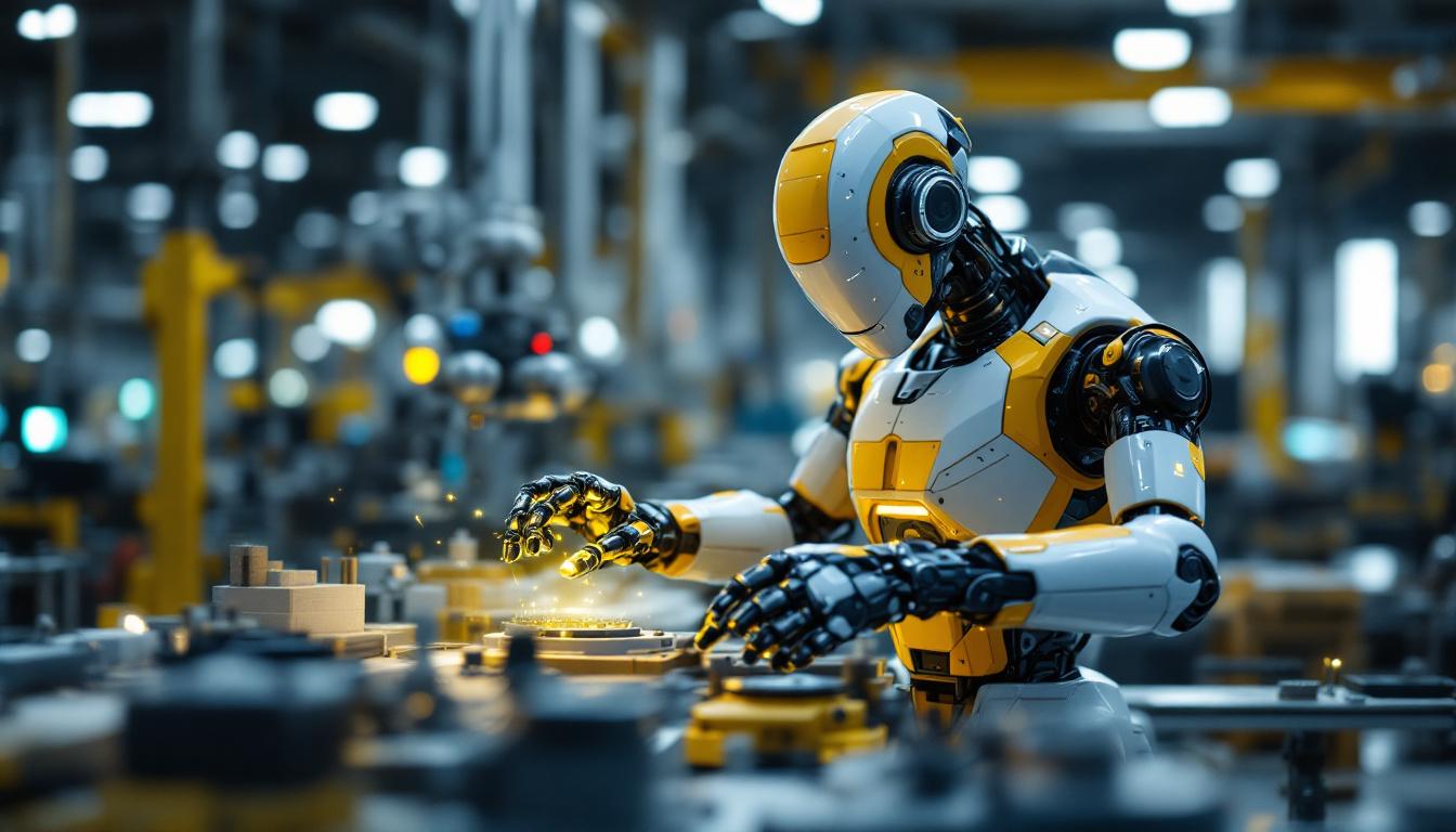 A photograph of a high-tech industrial robot equipped with a lidar sensor in an active manufacturing environment