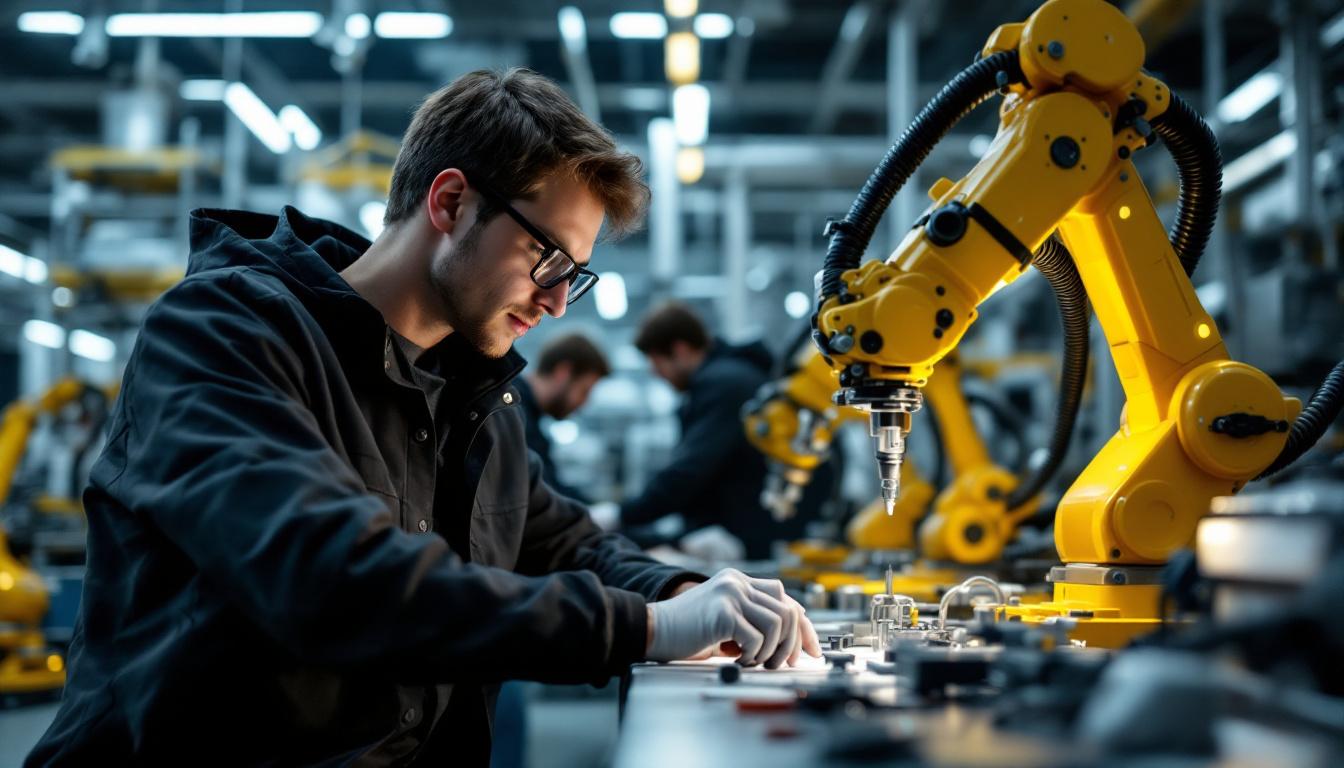 A photograph of a biomedical engineering student working hands-on with industrial robotic equipment in a lab setting