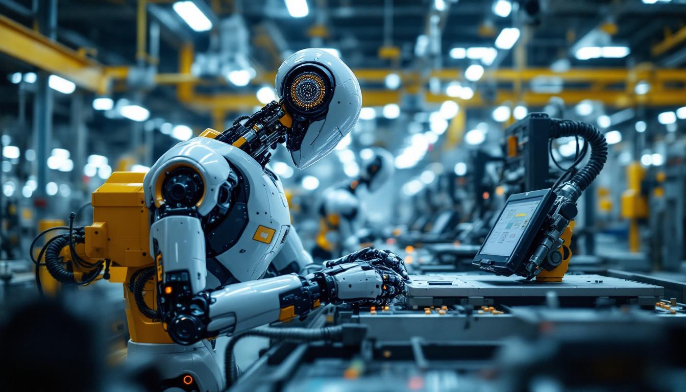 A photograph of a sleek industrial robot in action within a manufacturing setting