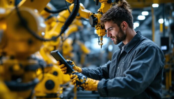 A photograph of a skilled technician programming or operating an industrial robotic arm in a modern manufacturing environment