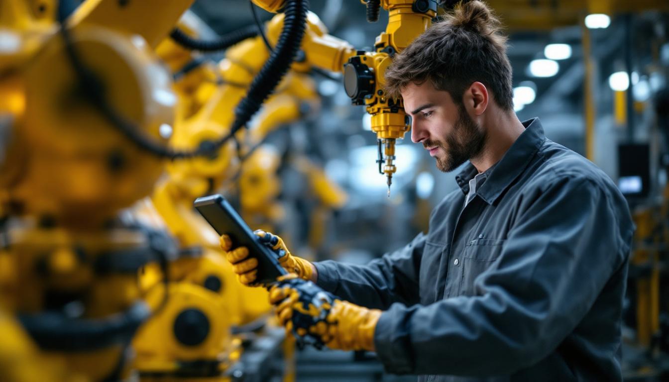 A photograph of a skilled technician programming or operating an industrial robotic arm in a modern manufacturing environment