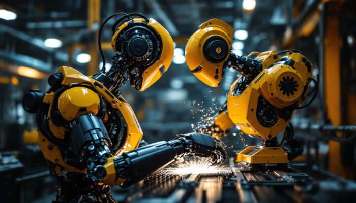 A photograph of a sleek industrial robot in action