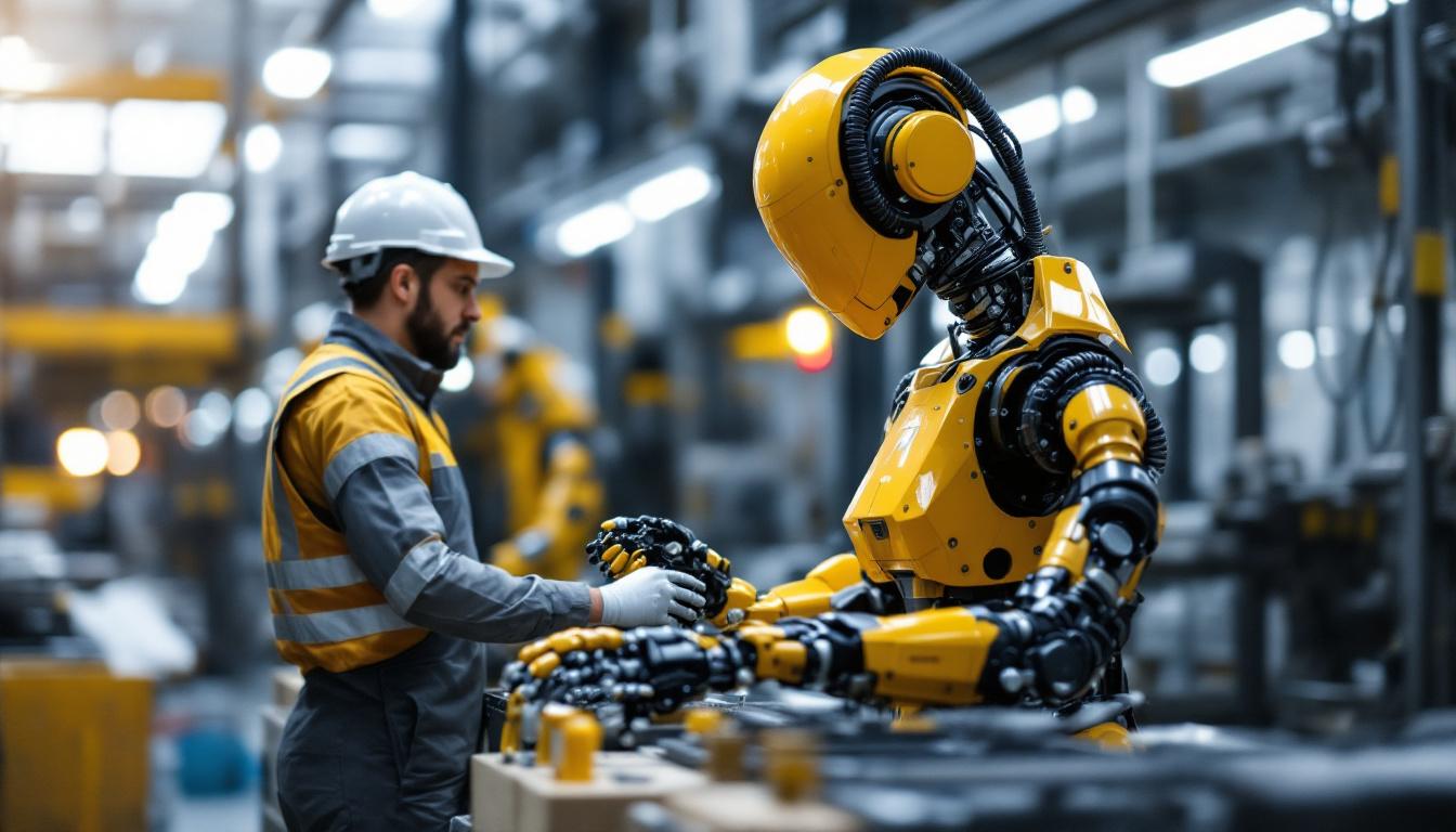 A photograph of capture a photograph of an industrial robot in action within a manufacturing environment