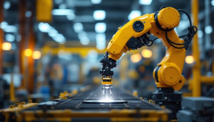 A photograph of a sleek industrial robot in action within a boston manufacturing facility