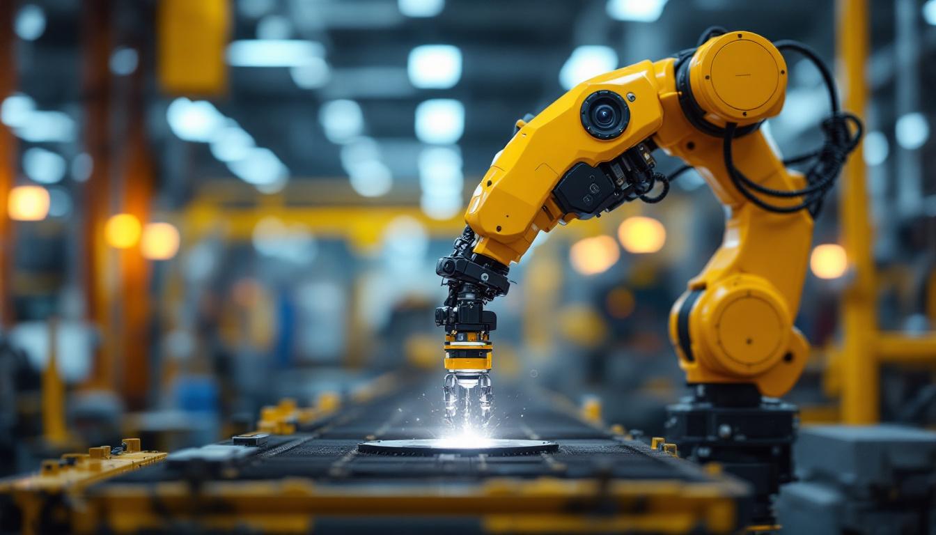 A photograph of a sleek industrial robot in action within a boston manufacturing facility