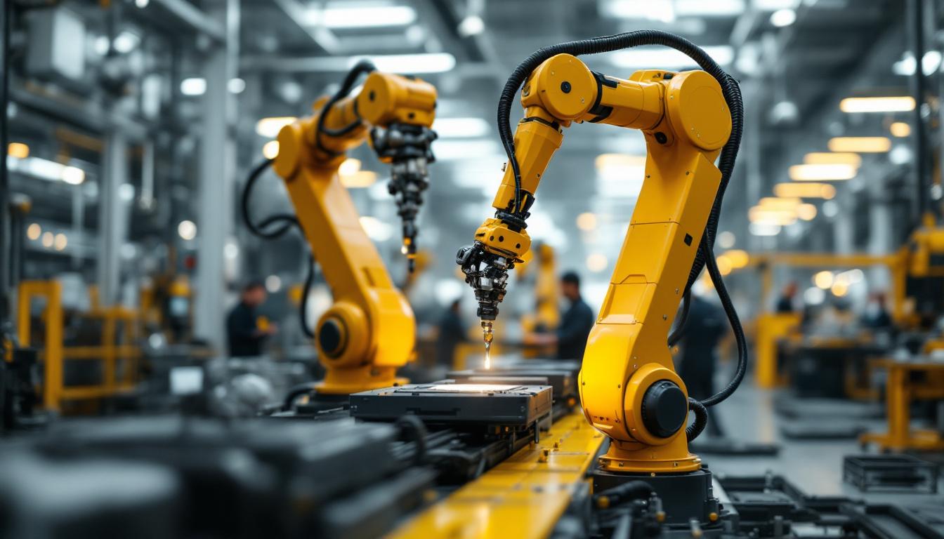 A photograph of a sleek industrial robotic arm in action within a modern manufacturing facility