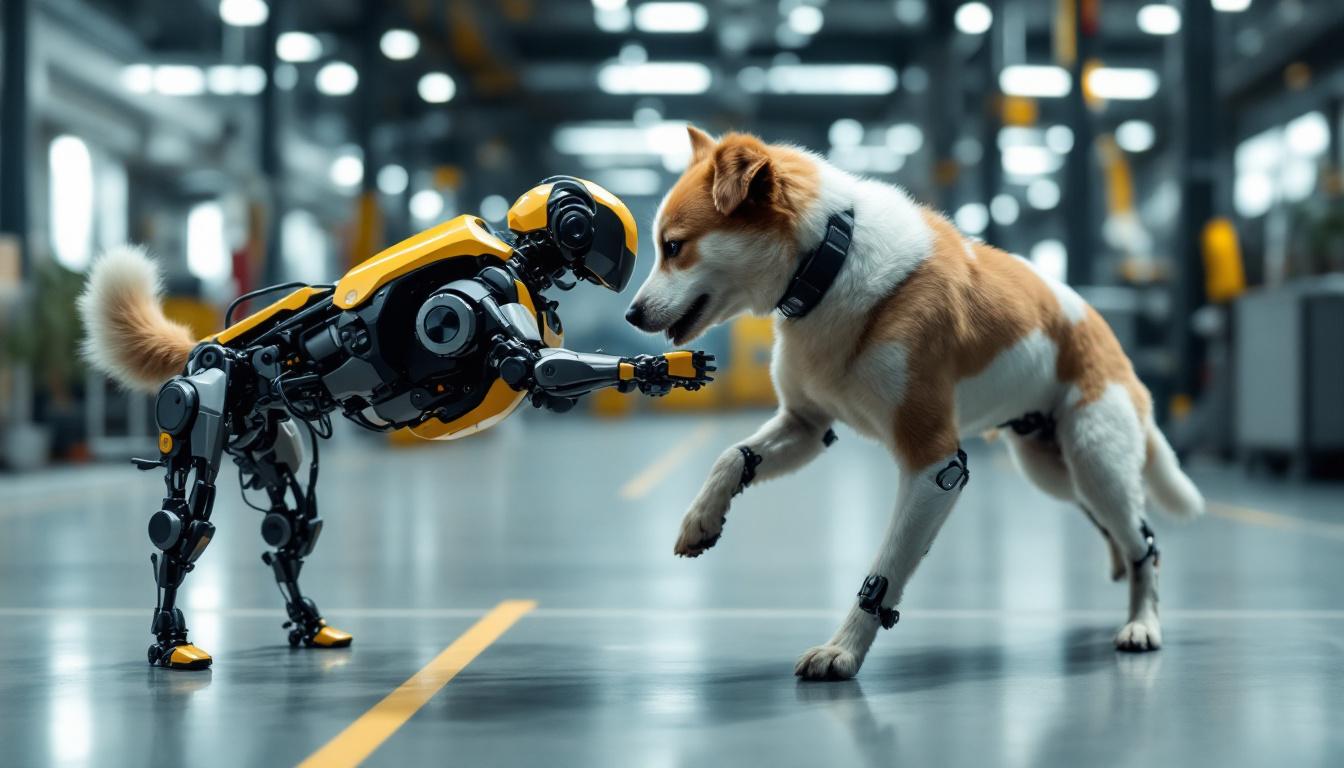 A photograph of a playful dog with four legs interacting with a sleek