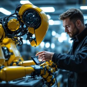 A photograph of a skilled technician inspecting an industrial robot in a modern factory setting