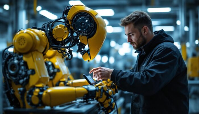 A photograph of a skilled technician inspecting an industrial robot in a modern factory setting