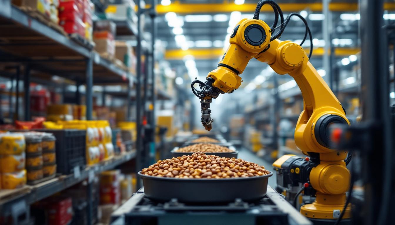 A photograph of capture a photograph of an industrial robotic arm in action within a pet food warehouse