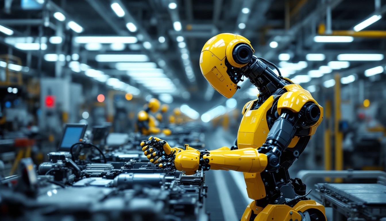 A photograph of a state-of-the-art industrial robot in action within an automotive manufacturing facility