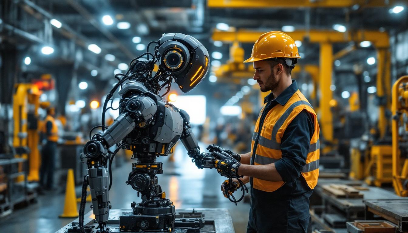 A photograph of a dynamic industrial setting featuring a bipedal robotic platform in action