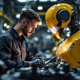A photograph of a skilled manufacturing engineer working alongside an industrial robot on the factory floor