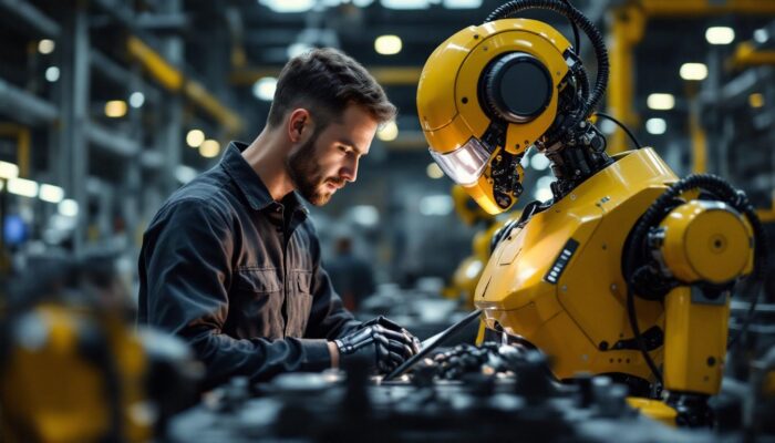 A photograph of a skilled manufacturing engineer working alongside an industrial robot on the factory floor