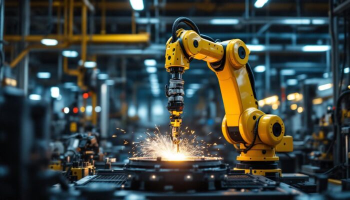 A photograph of a sleek industrial robotic arm in action within a modern manufacturing setting