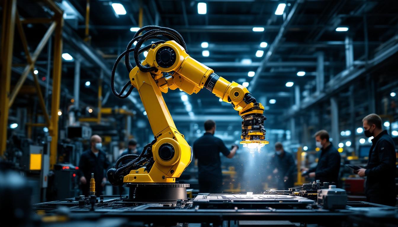 A photograph of a dynamic industrial robotic arm in action