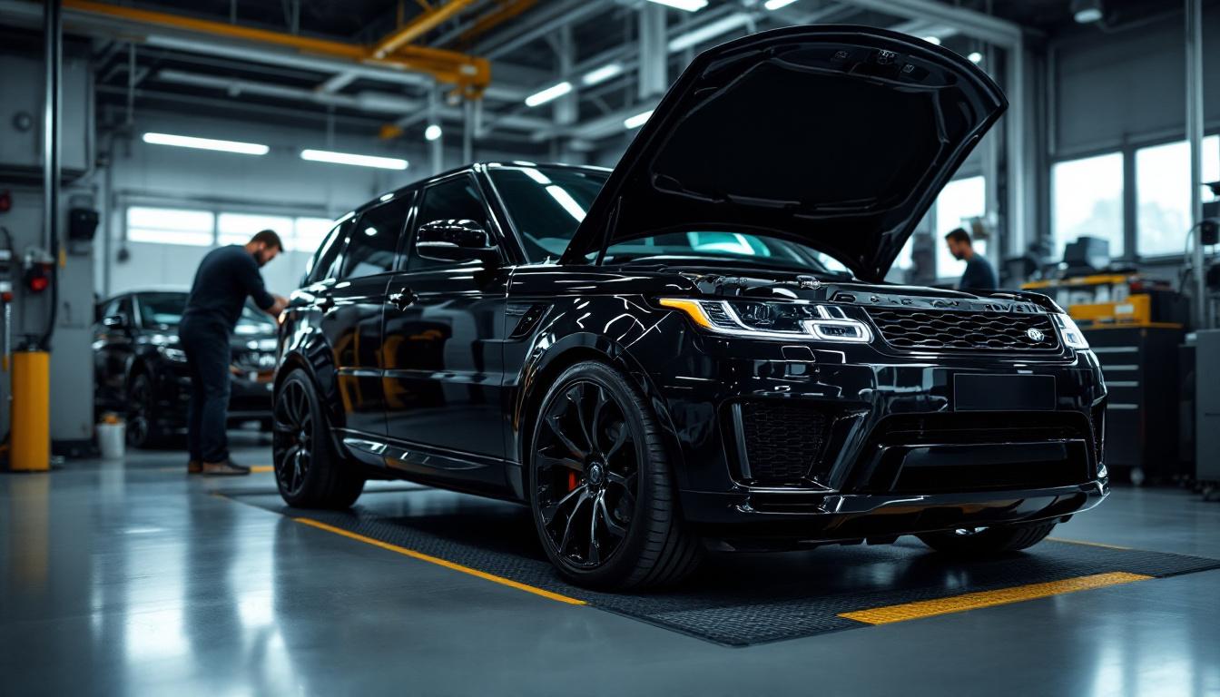 A photograph of a sleek range rover sport parked in a modern automotive workshop