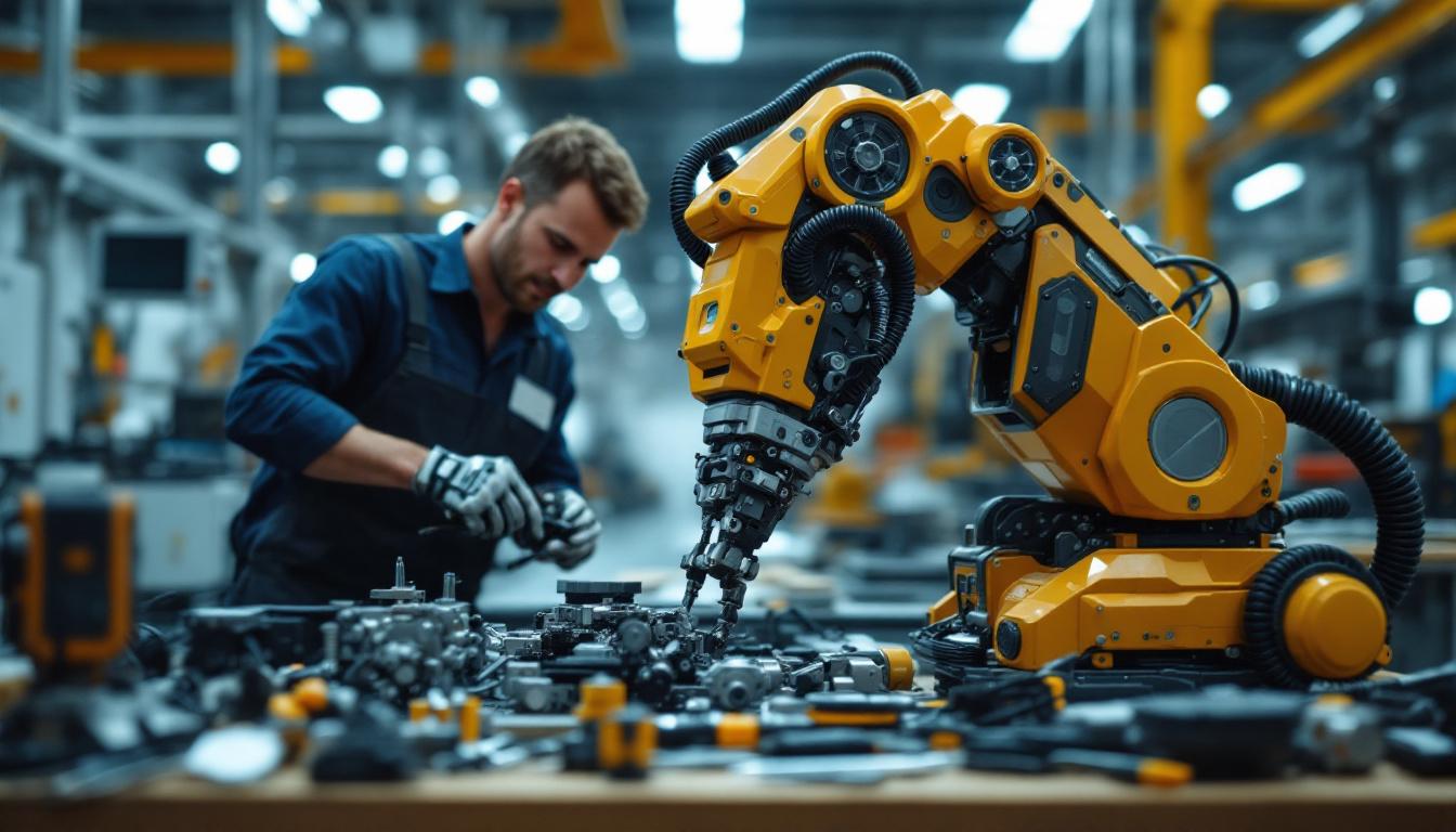 A photograph of a skilled technician working on an industrial robot in a modern warehouse setting