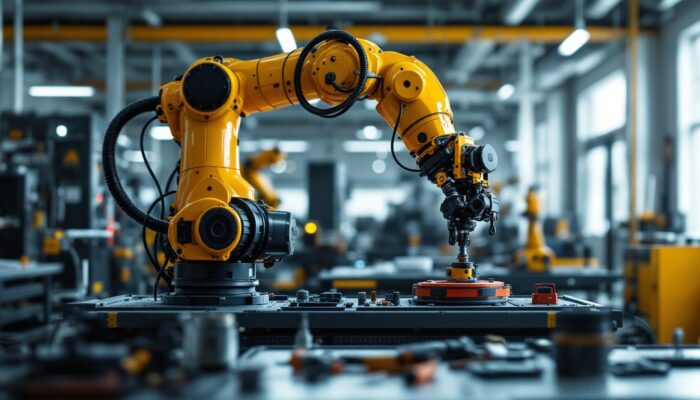 A photograph of a sleek industrial robotic arm in action within a modern manufacturing environment