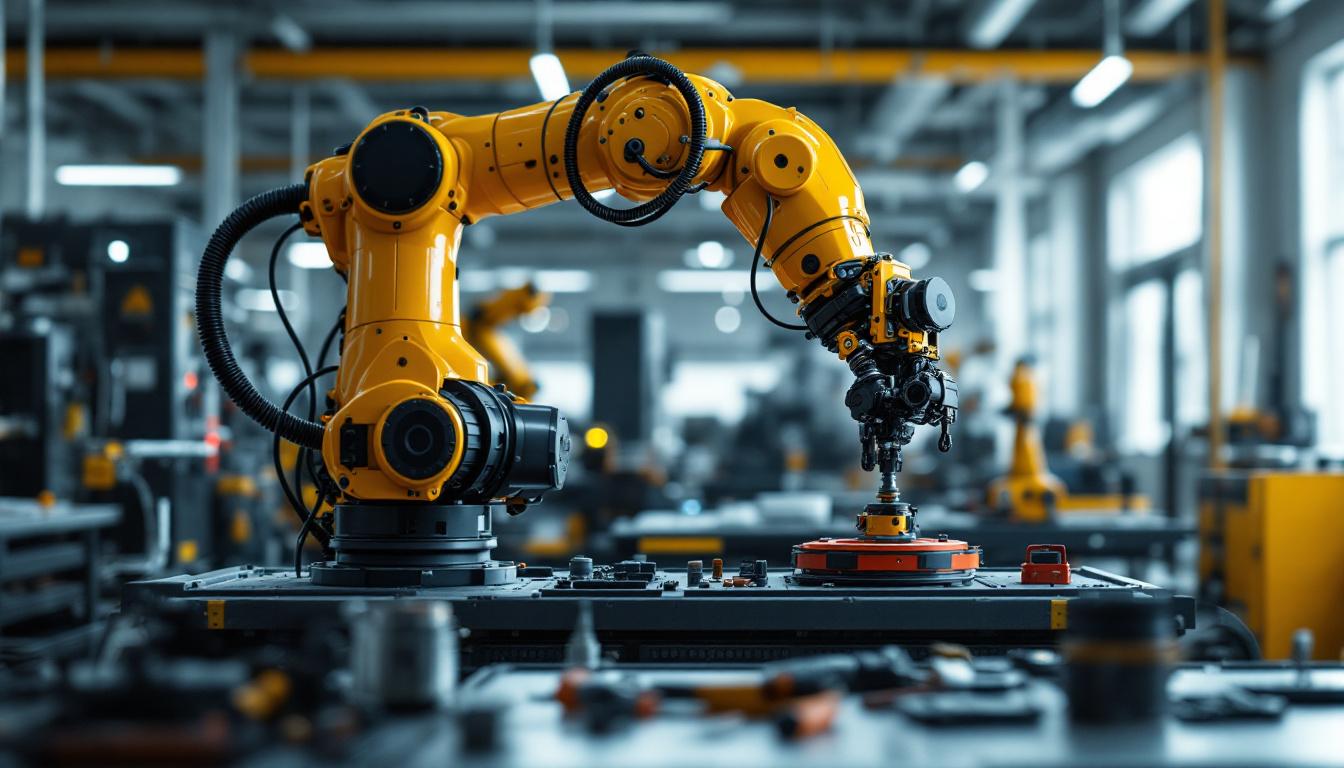 A photograph of a sleek industrial robotic arm in action within a modern manufacturing environment