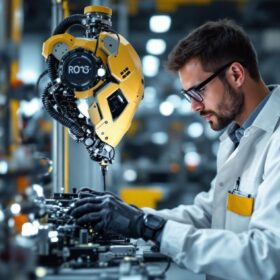 A photograph of a skilled embedded system engineer working on an industrial robot in a high-tech manufacturing environment