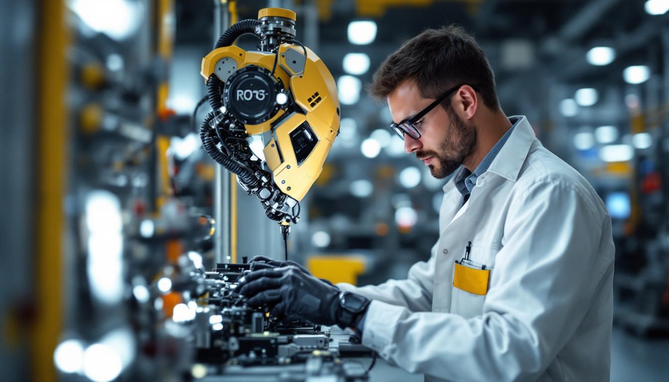 A photograph of a skilled embedded system engineer working on an industrial robot in a high-tech manufacturing environment