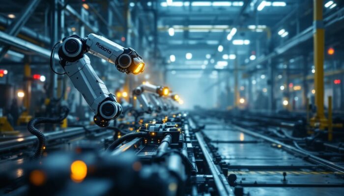 A photograph of a dynamic industrial setting featuring advanced robotic systems in action