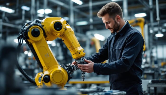 A photograph of a mechanic trainee working hands-on with an industrial robotic arm