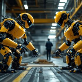 A photograph of a bipedal robot and a quadrupedal robot in a dynamic industrial setting