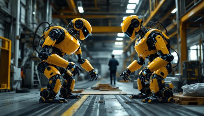 A photograph of a bipedal robot and a quadrupedal robot in a dynamic industrial setting