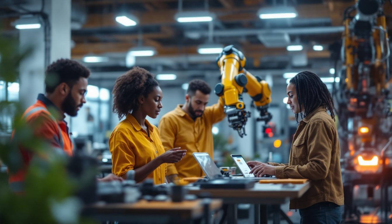A photograph of a dynamic scene showcasing a modern industrial robotics workspace in boston