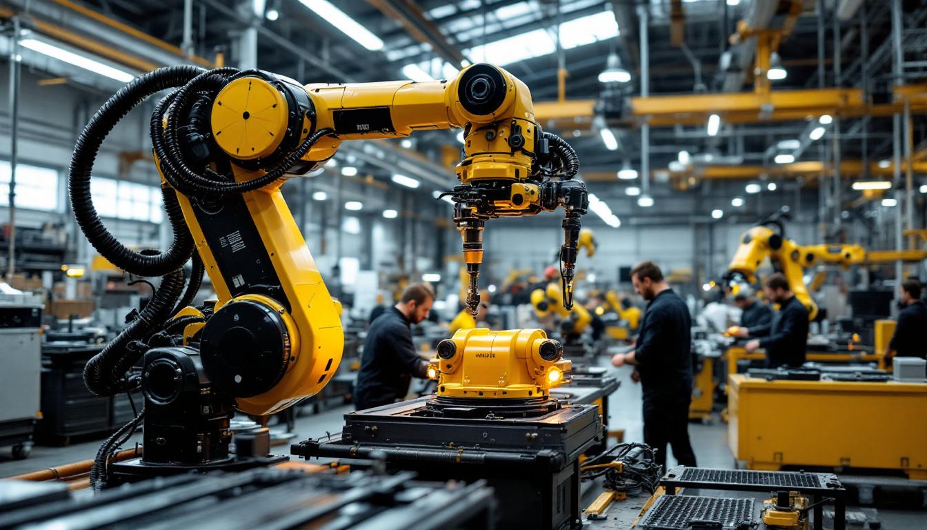A photograph of a sleek industrial robotic arm in action
