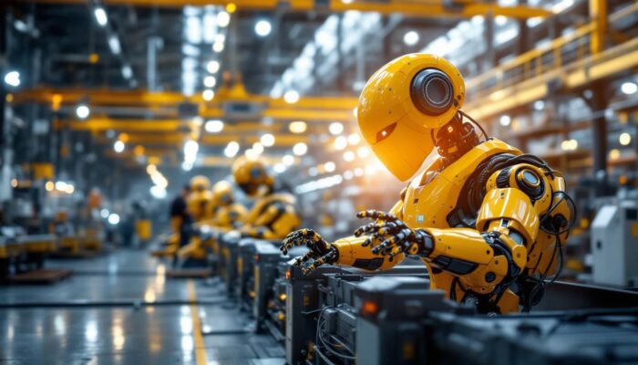 A photograph of a dynamic industrial setting showcasing a variety of advanced robots in action