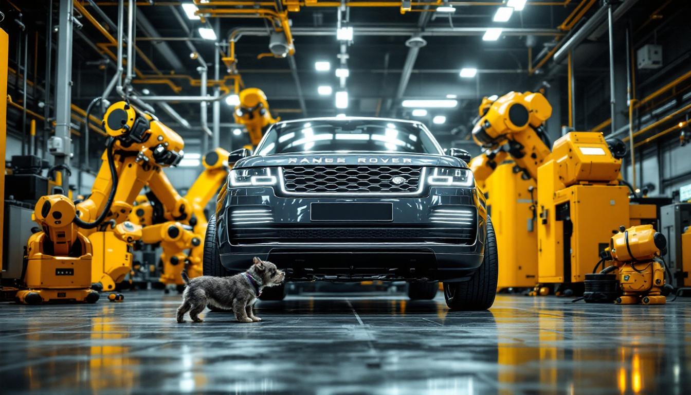 A photograph of a sleek range rover parked in an industrial setting