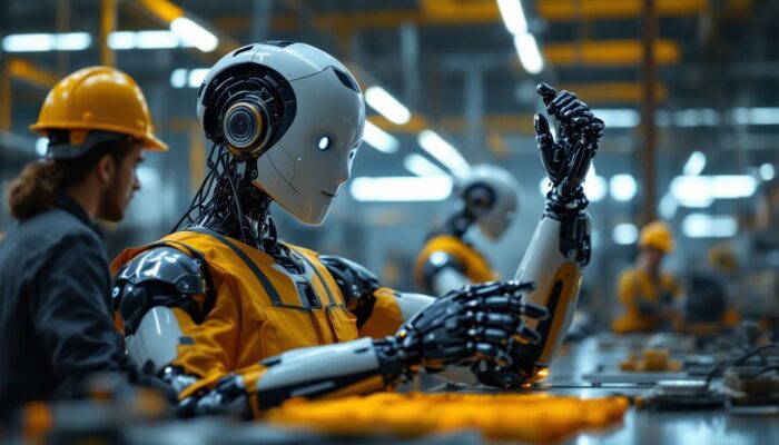 A photograph of a humanoid robot interacting with human workers in an industrial setting