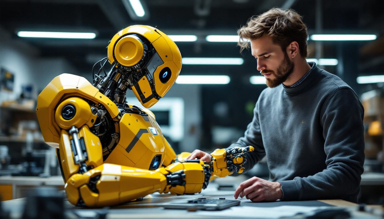 A photograph of a stylish individual wearing the armchair expert robot sweatshirt while interacting with a sleek industrial robot in a modern workspace