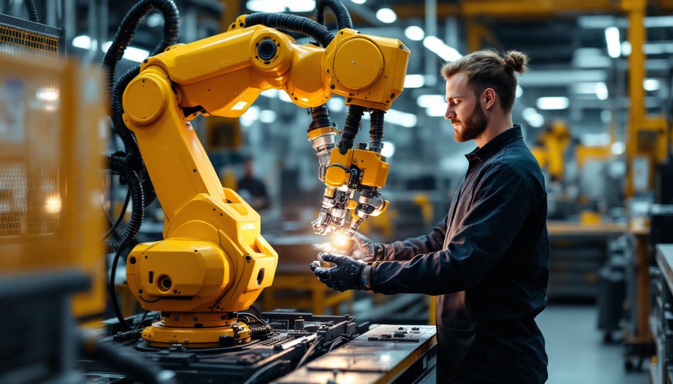 A photograph of a skilled technician interacting with a state-of-the-art industrial robot in a modern manufacturing environment