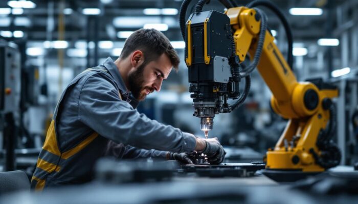 A photograph of a skilled die cutting operator working alongside an industrial robotic machine