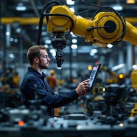 A photograph of a skilled technician programming or operating an industrial robot in a modern boston-based manufacturing facility