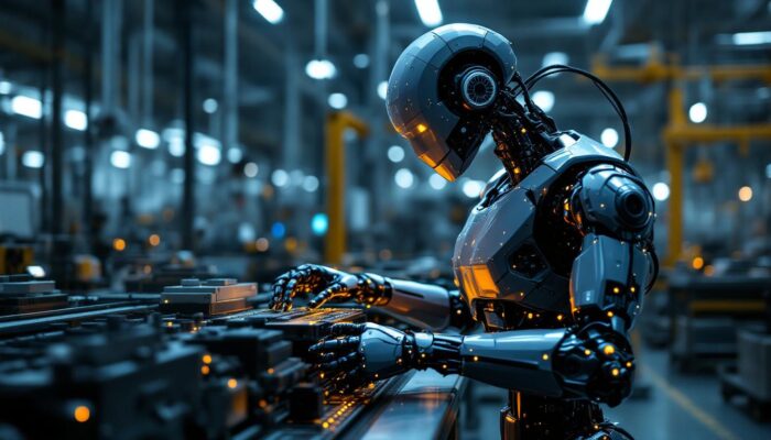 A photograph of a sleek industrial robot in action on a factory floor