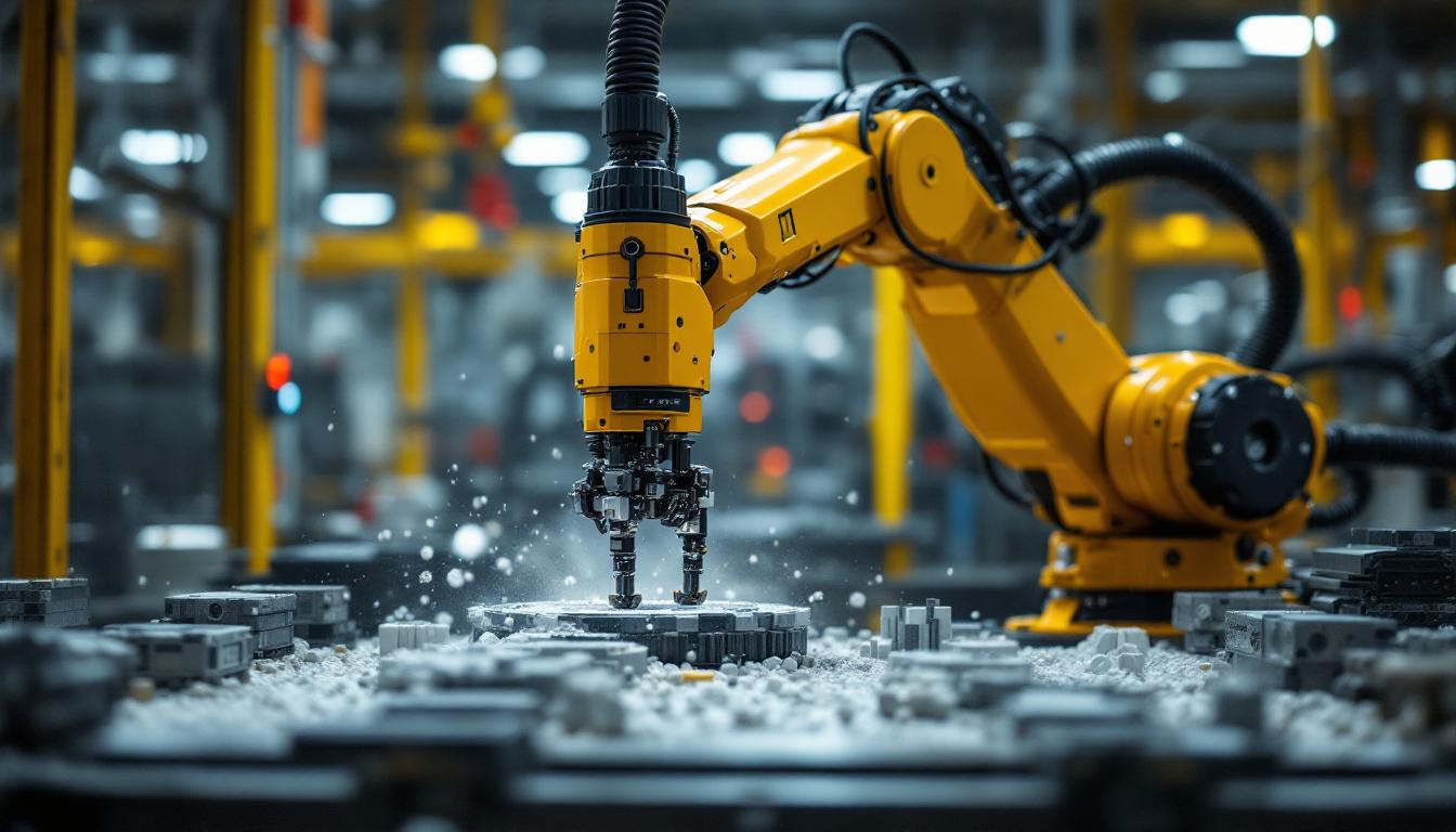 A photograph of a dynamic industrial robot in action within a manufacturing environment
