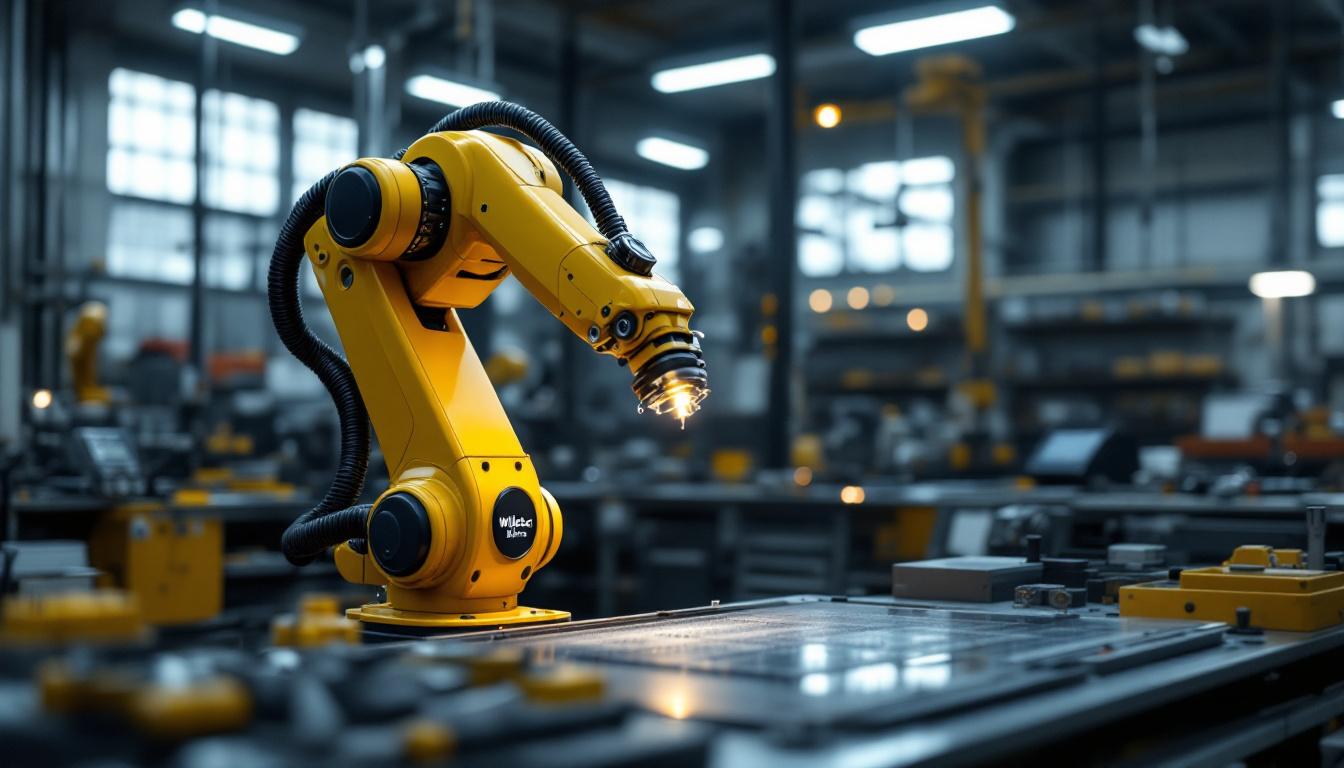 A photograph of a sleek industrial robotic arm in action within a modern manufacturing environment