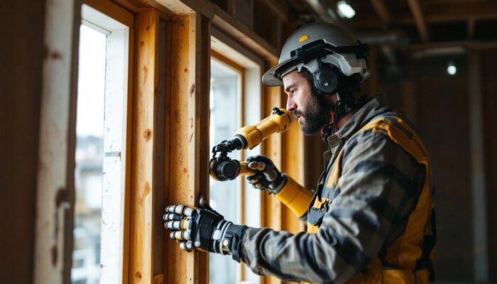 A photograph of a skilled worker using an industrial robotic arm to assist in the window rough-in framing process