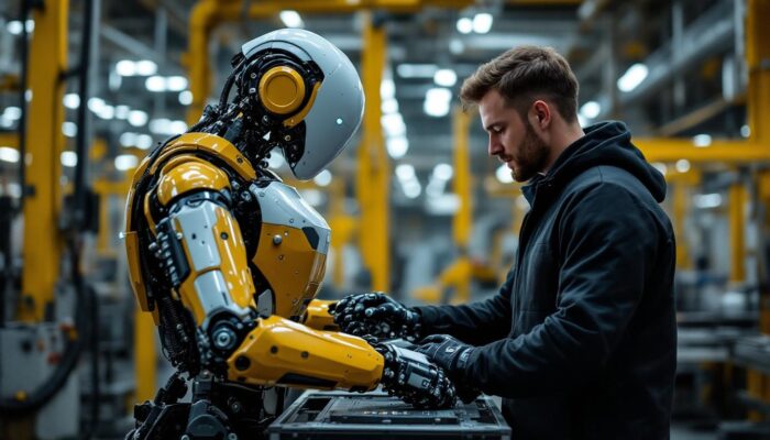 A photograph of a collaborative robot (cobot) working alongside a human in an industrial setting
