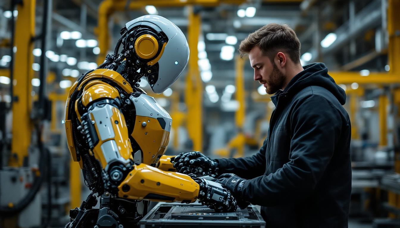 A photograph of a collaborative robot (cobot) working alongside a human in an industrial setting