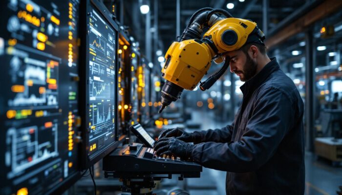 A photograph of a remote sensing technician operating advanced industrial robotic equipment in a high-tech environment